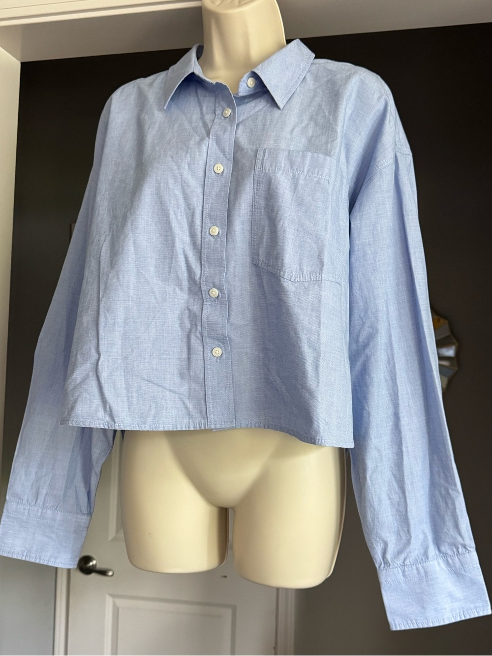 J.Crew Étienne Cropped Button-Up Shirt Cotton Poplin Blue Size Large NWOT - Picture 4 of 11